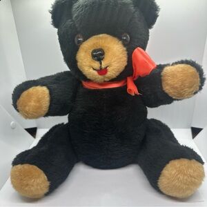 Vintage Winslow Plush Black and Brown Teddy Bear with Red Bow Moveable Arms+